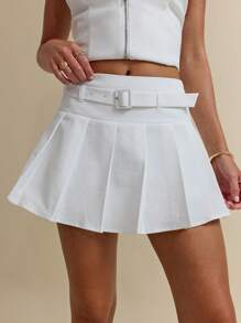 SHEIN BAE Women's Solid Color Halter Neck Top And Skirt Minimalist Fashion Set, Suitable For Summer - White - View 3