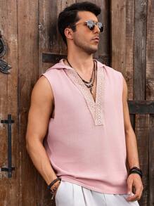 Genlund Manfinity Nomadique Men's Solid Color Pink Contrast Lace Sleeveless Hooded Shirt - Pink - View 4