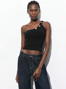 Maija 2025 Summer New Asymmetrical Cut Asymmetric Shoulder Black Knit Vest With Chic Metal Buckle Decoration, Elegant Casual Commute Romantic Urban Resort Wear Suitable For Outing, Party, Wedding, Music Festival, Graduation