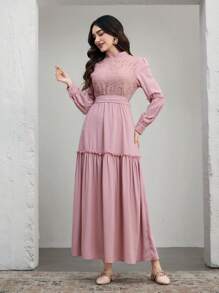 Women's Contrast Lace Long Sleeve Ruffle Hem Elegant Dress - Pink - View 4