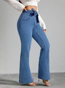 SHEIN Tall Jeans de talle alto con piernas acampanadas y elásticos para mujeres, pantalones vaqueros de talle alto azules para mujeres altas, pantalones para mujeres altas, jeans acampanados para mujeres altas, jeans para mujeres altas en verano