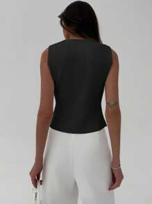 Aloruh Solid Color V-Neck Asymmetric Sleeveless Summer Knit Top - Black - View 2
