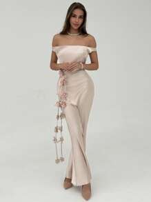 Aloruh Vestido de flores con hombros descubiertos y cinturón con sash para mujer, para boda/temporada