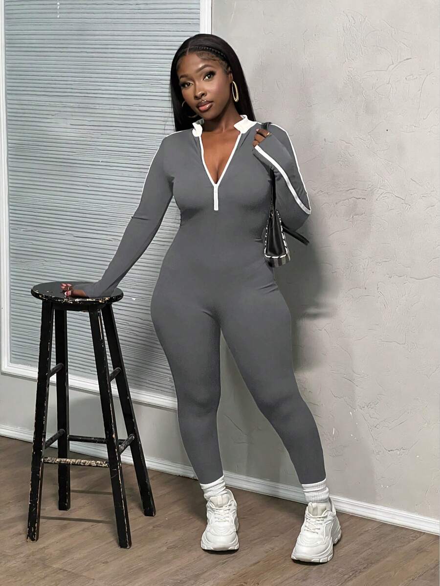 Slaydiva Women's Contrast Color Splice Long Sleeve Jumpsuit - Grey - View 1