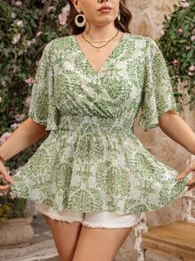 SHEIN LUNE Plus Size Women's Floral Print Ruffle Sleeve V-Neck Blouse/Ruffled Top, Vacation Style, Spring/Summer - Champagne - View 5