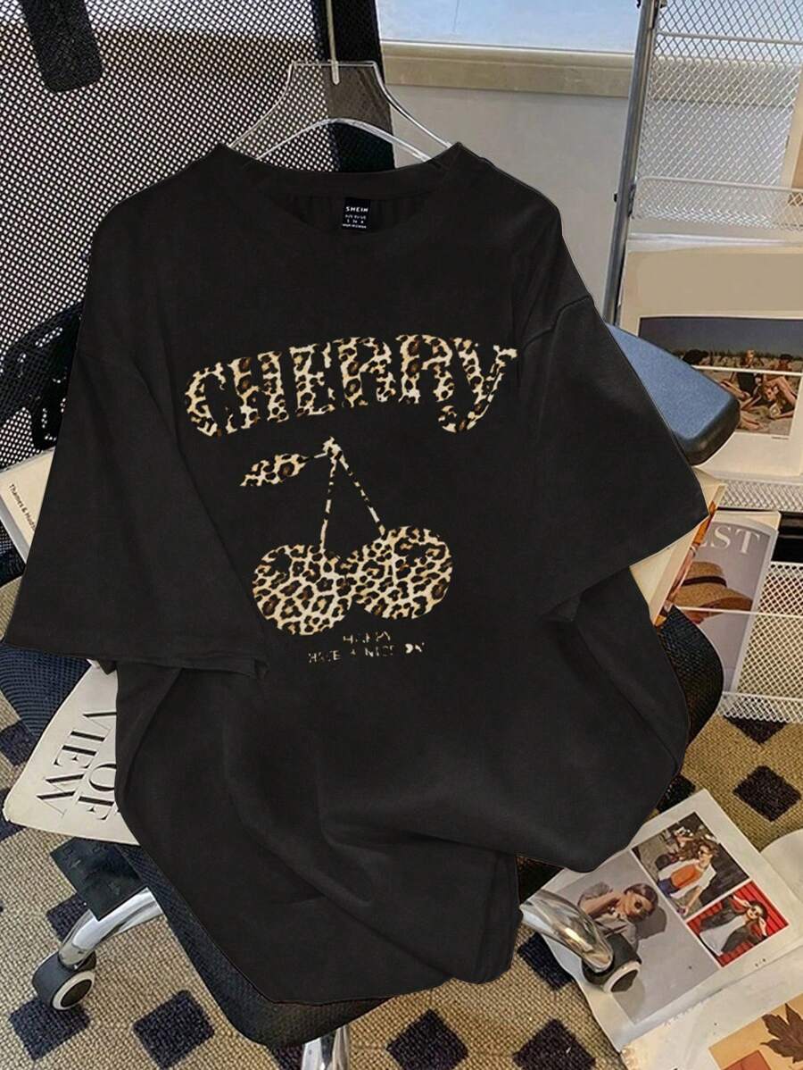 Muchica Plus Size Women Cherry Graphic Round Neck Short Sleeve Loose T-Shirt, Casual For Summer