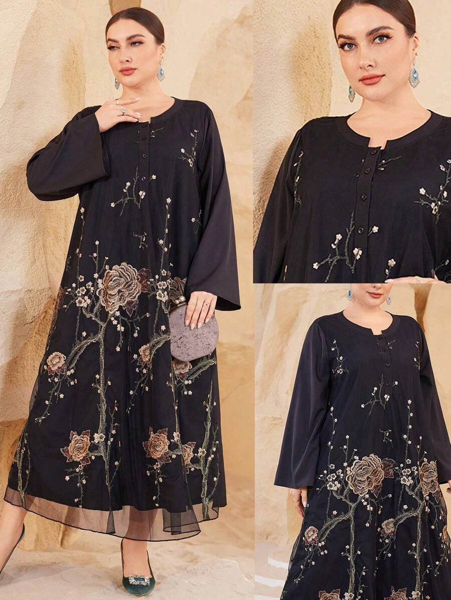 Al Najma Plus Size Embroidered Vintage Style Dress - Black - View 1
