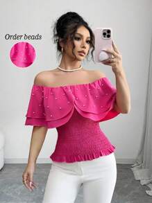 Elenzga Women's Woven Bubble Beads Elegant Summer Regular Shirt - Hot Pink - View 1