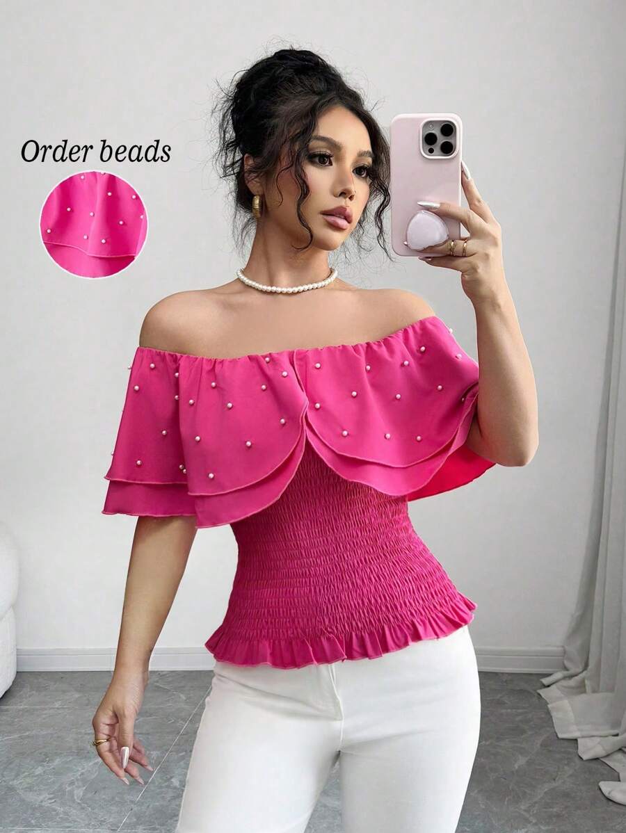 Elenzga Women's Woven Bubble Beads Elegant Summer Regular Shirt - Hot Pink - View 1