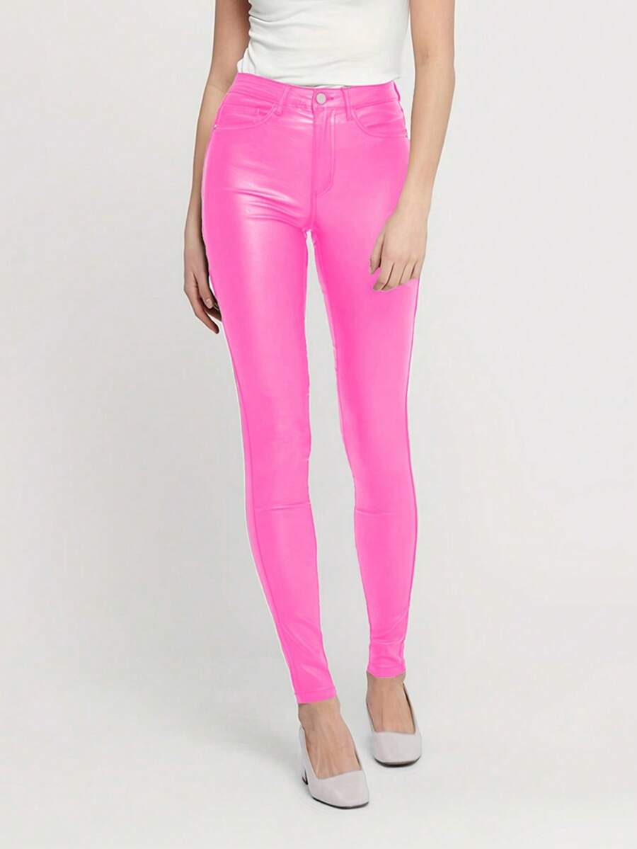 MYOURSA 弹力涂层仿皮紧身裤，七分打底裤，适合派对、街头风、夜店装扮，亮粉色，春季百搭 - 粉色 - 查看 1