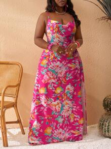 Slaydiva Plus Size Women's Boho Maxi Dress: Pink Floral Print, Sleeveless With Cowl Neck And High Slit - Multicolor - View 3