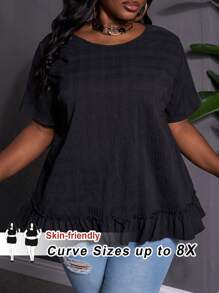 SHEIN CURVE+ Large Solid Color Round Neck Pleated Short Sleeved Loose Shirt For Spring And Summer, Spring And Summer Doll Shirt Boho Vacation - Black - View 1