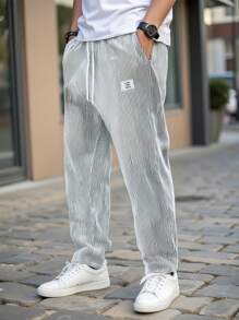 Manfinity Homme Men's Drawstring Waist Letter & Striped Patch Pocket Pants,Men's Casual Daily INS Striped Style, Loose, Fashionable And Handsome, A Gift For Husband, Boyfriend And Father, Sports And Comfortable Fabric, Outdoor Travel, Commuting To Work, Beautiful INS Versatile Item, Essential For Spring And Summer,Straight Leg Pants,Linen Pants,Breathable,Casual Pants,Best Seller