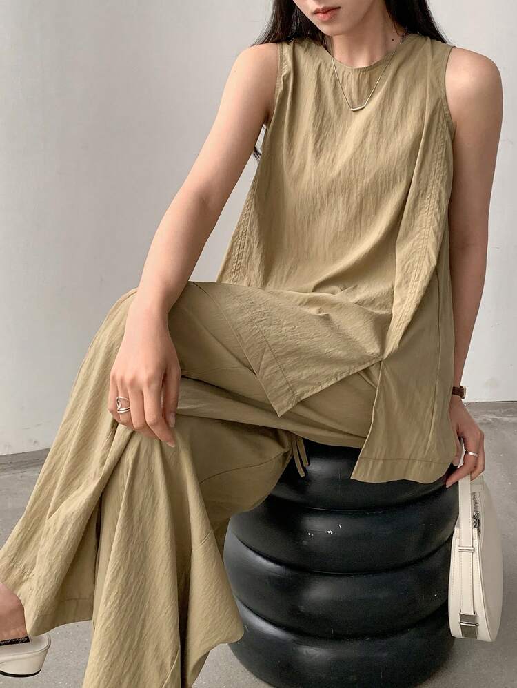 2pcs/Set Women's Business Casual Simple Plain Color Linen Patchwork Design Suit Old Money Style