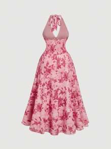 SHEIN MOD 大码花卉印花挂脖中长连衣裙 - 粉色 - 查看 2