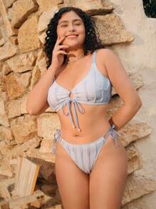 Swim Mod Plus Size Women 2pcs Sweet Lace-Up Blue Beach Resort Swimwear Set For Summer Beach Vacation - Blue - View 5