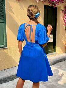 Flirla Plus Size V-Neck Pleated A-Line Backless Puff Sleeve Dress - Blue - View 2
