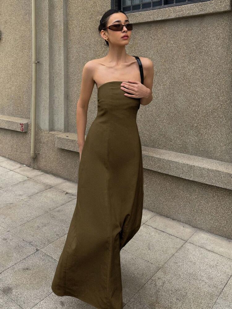 Long Sleeveless Solid Color Dress, Elegant Design Suitable For Vacation, Spring And Summer Sundress Linen Maxi Dress