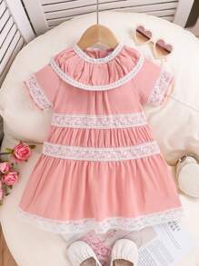 Baby Mädchen süß & liebenswert rosa Spitzen-Saum Eleganz Kleid, Sommer - Pink - Übersicht 2