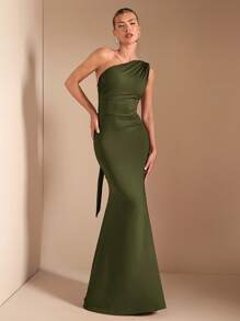 SHEIN BAE 秋季优雅女士不对称领口斜肩长袖连衣裙，适合休闲、约会、夜店、派对、圣诞节 - 軍綠色 - 查看 5