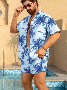 Manfinity Swimmode 男士度假棕榈树印花衬衫和短裤海滩装