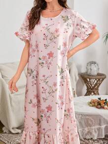 SHEIN Bubble Ruffle Hem Floral Print Long Nightgown Babydoll Luxeloungewear, Moo Moo - Multicolor - View 6