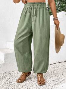 SHEIN Frenchy Plus Size Solid Color Drawstring Waist Loose Tapered Pants - Green - View 4