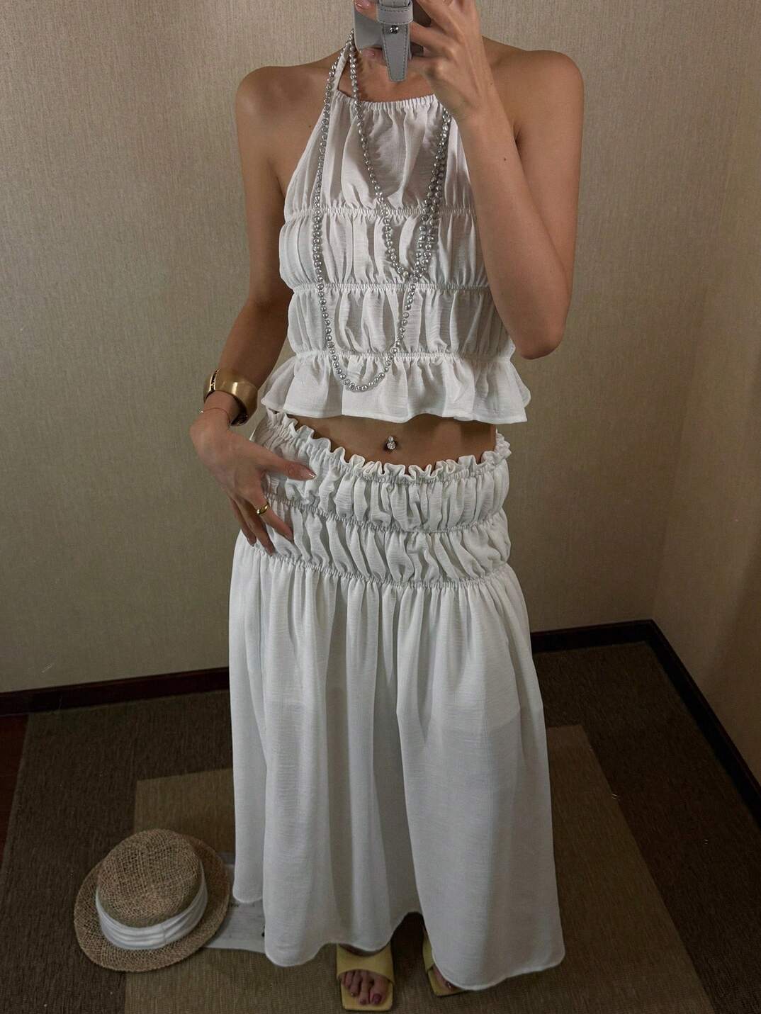 2pcs Women Vacation-Style Sleeveless Crop Top & Solid Color Skirt Set,Ruffle Lounge Sets For Women