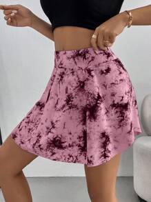 SHEIN Essnce Women's Summer Tie-Dye High Waist Sports Skirt With Side Pockets, Casual & Anti-Exposure