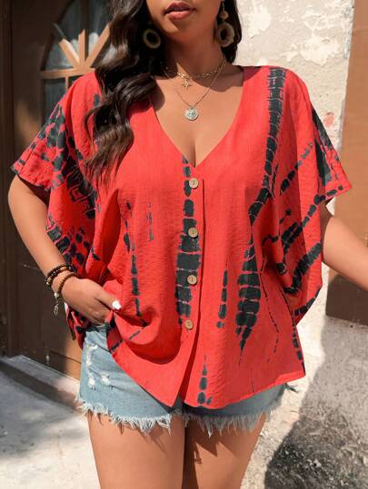 SHEIN LUNE Plus Size Women Tie-Dye Print V-Neck Batwing Sleeve Blouse
