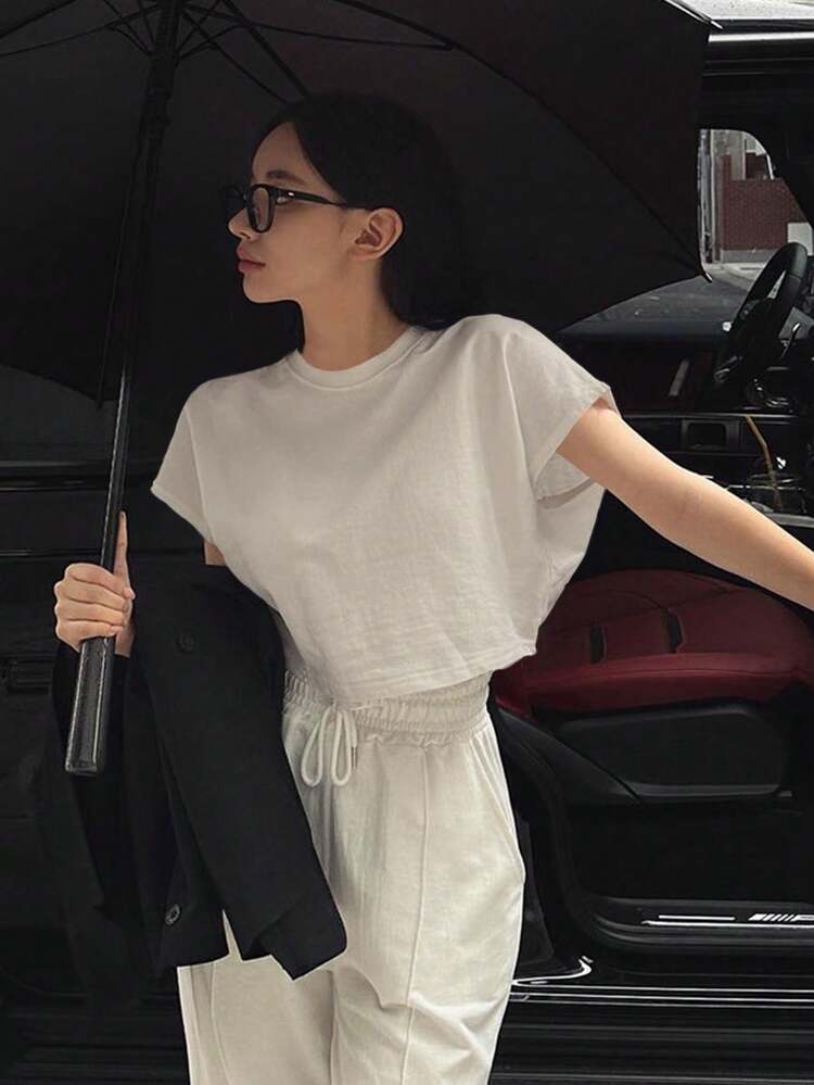 Women Solid Color Batwing Sleeve Cropped T-Shirt For Summer Preppy Tops