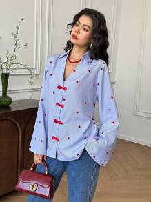 EastFlair New Chinese Style Heart Striped Print V-Neck Flare Sleeve Button Front Ladies Blouse