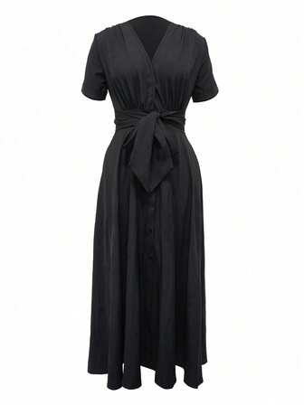 女士夏季深 V 领短袖纯色优雅开叉中长连衣裙