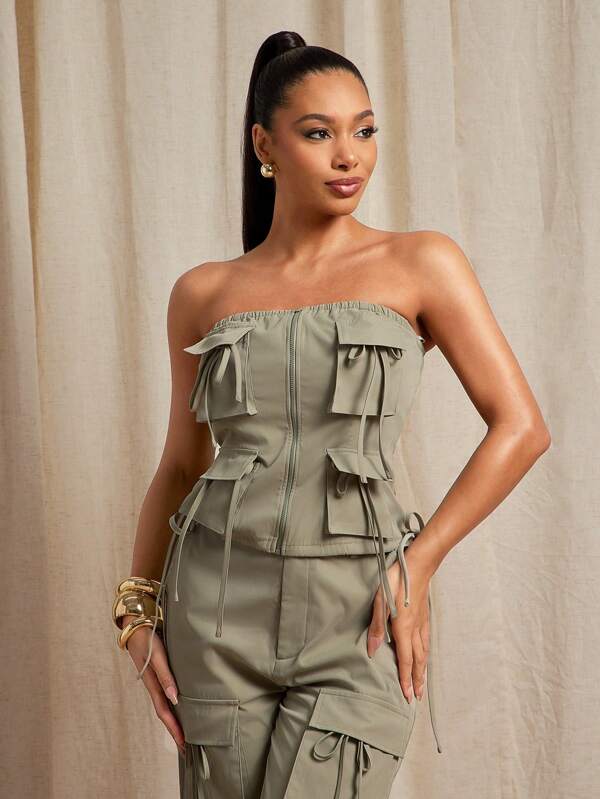 Vixey Top de utilidad sin mangas con bolsillos cargo, cremallera y lazo, estilo de negocios casuales para mujeres, conjuntos de oficina para mujeres, ropa de trabajo para mujeres