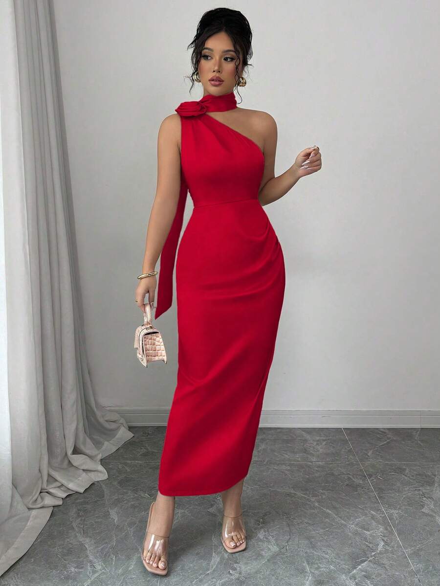 Elenzga 优雅性感法式缎带斜肩立领 3D 花腰褶修身紧身连衣裙 - 紅色 - 查看 1