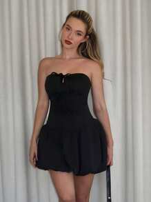 Glamine Abito mini con scollo a canottiera, fiocco, arricciatura a volant e orlo, adatto per la scuola, vestito casual elegante lunghezza ginocchio per donna, primavera/estate - nero - Visualizzare 3