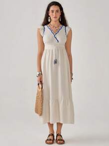 SHEIN Unity Damen Frühling Sommer Boho Urlaubskleid ärmellos A-Linie Maxi Leinenkleid - Aprikosenfarben - Übersicht 6