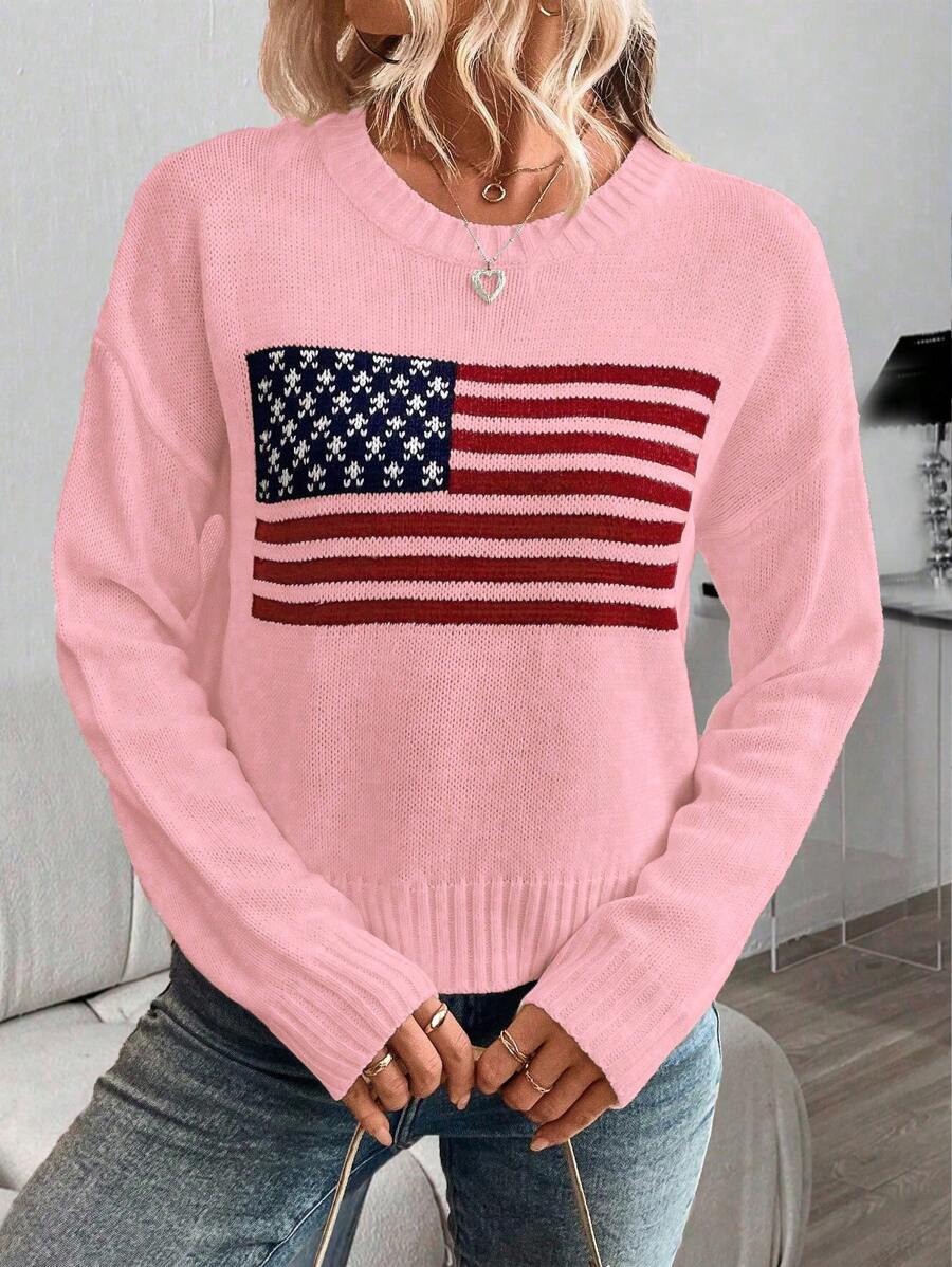 SHEIN LUNE Women's Casual American Flag Graphic Crew Neck Long Sleeve Sweater Knit Pullover Fall Winter - Pink - View 1
