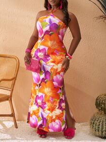 Slaydiva Plus Size Women's Resort Halter Neck Vibrant Print Form-Fitting Dress, Suitable For Beach Vacation - Multicolor - View 6