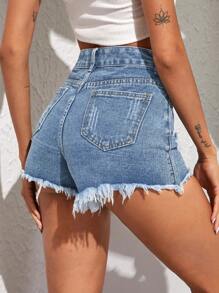 SHEIN EZwear 休闲破洞毛边牛仔短裤