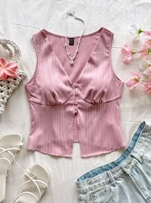 Soleia WYWH Kỳ nghỉ dành cho nữ DU LỊCH Màu trắng họa tiết thông thường xếp nếp Deep V Tank Top cho mùa hè - Bụi hồng - Xem 3