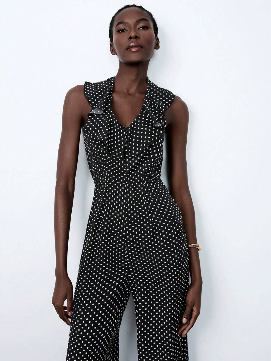 Lumivelle Women's Halter Backless V-Neck Jumpsuit - Black and White - View 1