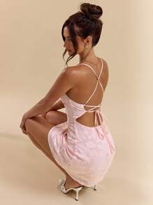 SHEIN BAE Pink Figure-Hugging Ruffled Off-Shoulder Lace Trim A-Line Supershort Mini Dress For Women, Spring/Summer,Pastel Dresses For Women,Backless Dress Vacation Outfits Women