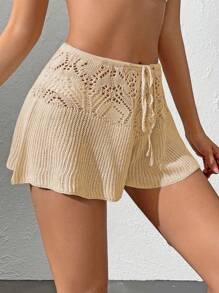 SHEIN Swim Springbreak Vacation Casual Solid Color Hollow Out Knit Cover Up & Shorts Set
