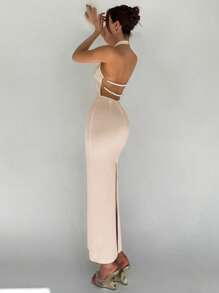 Aloruh Women's Solid Color Bodycon Backless Dress - Apricot - View 2