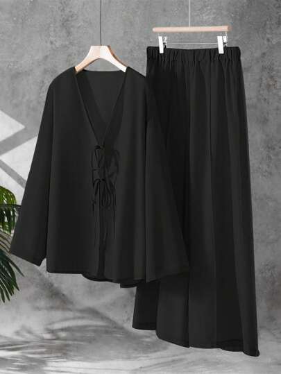 EMERY ROSE مجموعة 2قطعة للمرأة المقاس الكبير، ملابس علوية كم طويل أربطة أمامية واسعة الساق متناسقة للحيلة اللون الواحد، طقم رياضي عادي