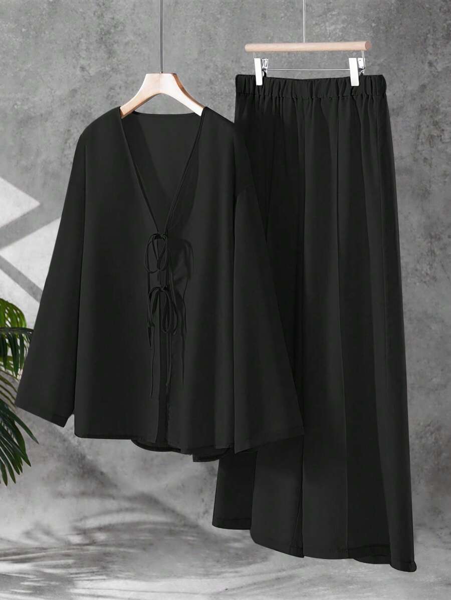 Linhara 2pcs/Set Women Plus Size Solid Color Front Tie Long Sleeve Top And Wide Leg Pants, Casual Outfit Fall Cloth For Women
