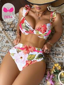 Swim DD+ Women Floral Print Ruffle Twisted Bikini Set Top & Bottom , Summer Beach Vacation
