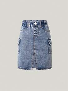 SHEIN Playful Pals 女婴休闲水洗牛仔紧身长裙，带侧袋，简约百搭风格，适合日常穿着 - 淺色水洗藍 - 查看 4