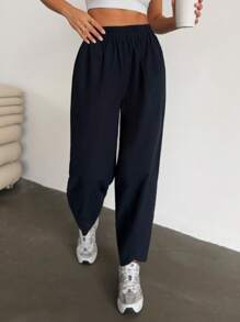 RueChic Women's Solid Color Elastic Waist Pleated Straight Leg Loose Casual Pants - Navy Blue - View 5